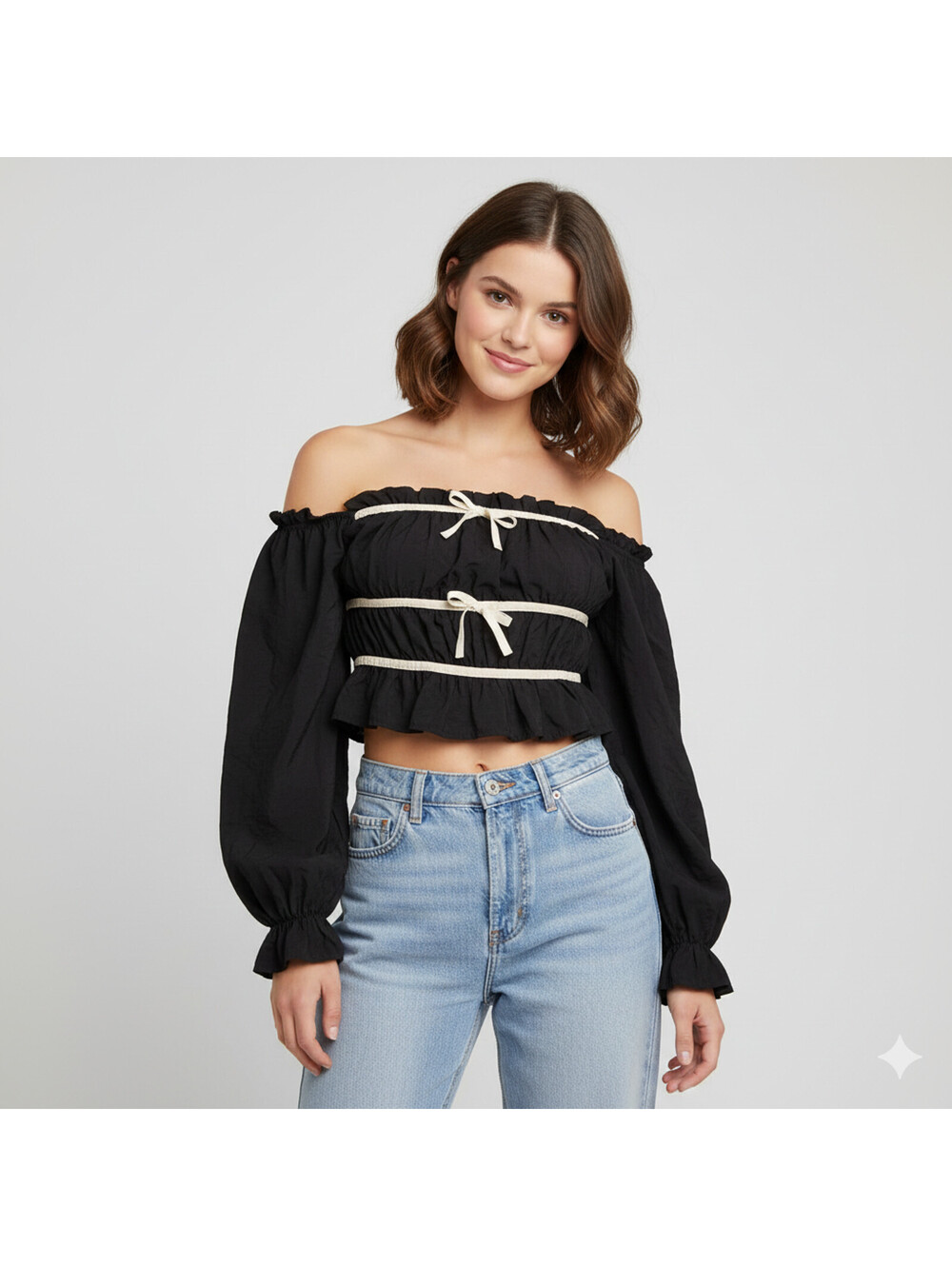 Thirty Thirty LA Cropped Off Shoulder Top Womens Large Black Coquette Cottage